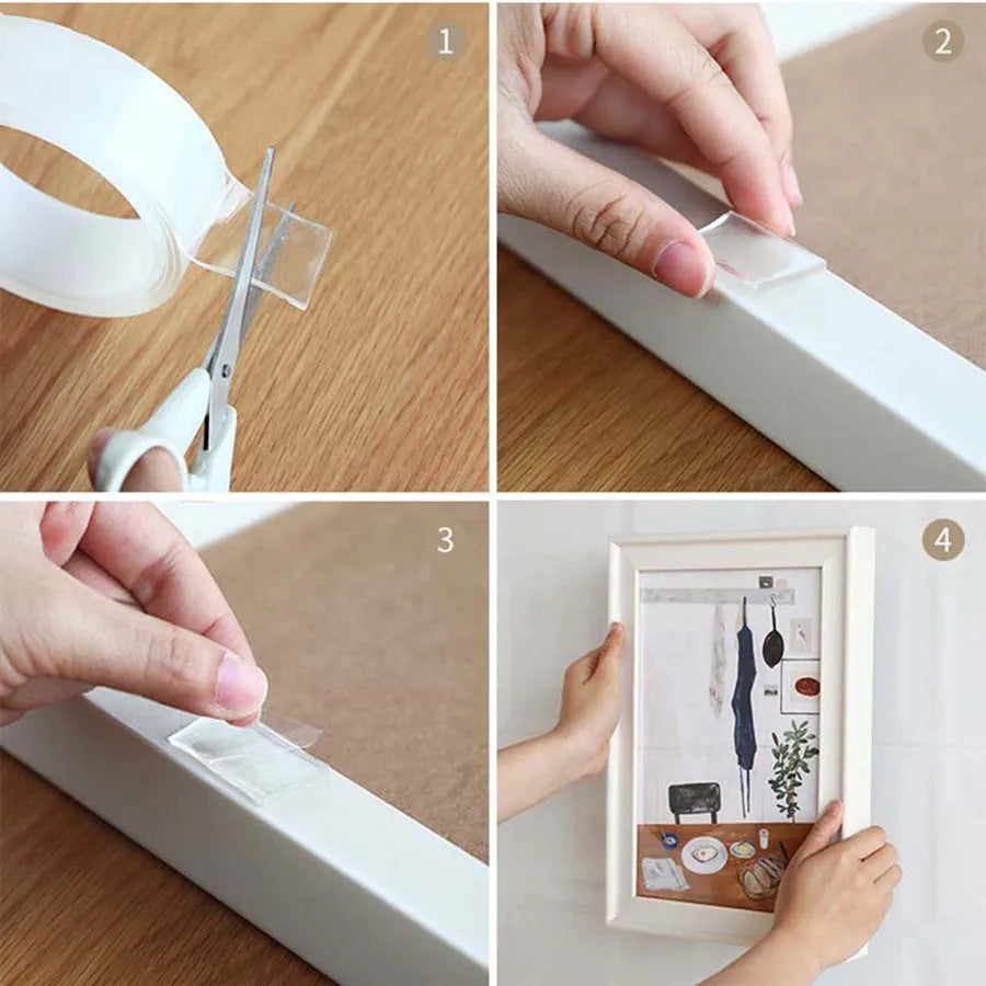 Four steps showing how to use heavy duty nano double-sided adhesive tape for mounting items.