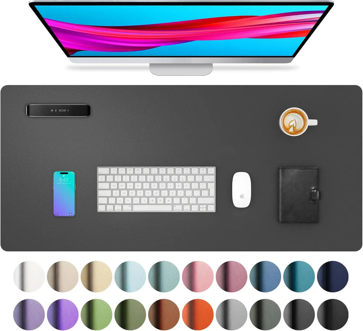 A large black desk mat featuring various color swatches for a PU leather surface.