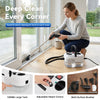 A woman is using a handheld steam cleaner with a large tank and brushes on a wooden floor.