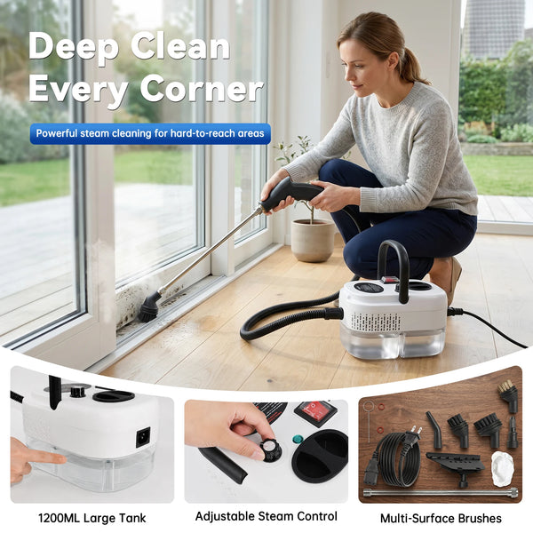 Une femme utilise un nettoyeur vapeur portable avec un grand réservoir et des brosses sur un plancher en bois.
