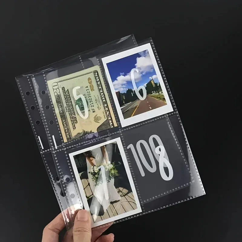 A set of five clear envelopes containing various documents and cash, including a $6 bill and a photograph.
