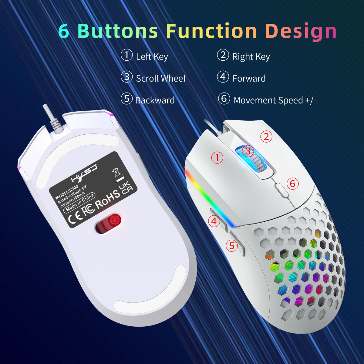 White optical wired gaming mouse showing six function buttons and scroll wheel features