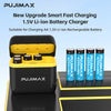 A black PUJIMAX smart fast charging 1.5V Li-ion battery charger with multiple AA batteries displayed on a black surface.