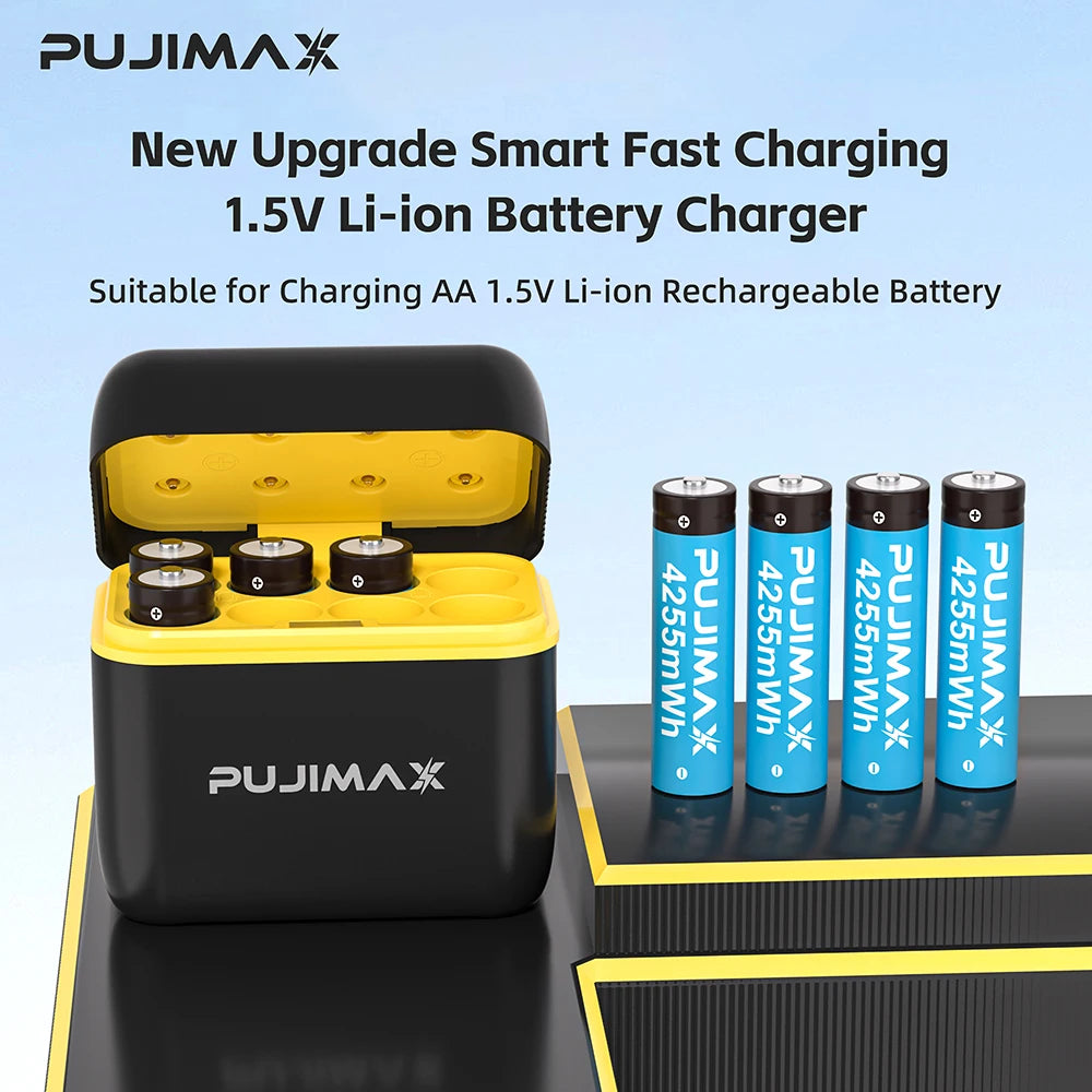 A black PUJIMAX smart fast charging 1.5V Li-ion battery charger with multiple AA batteries displayed on a black surface.