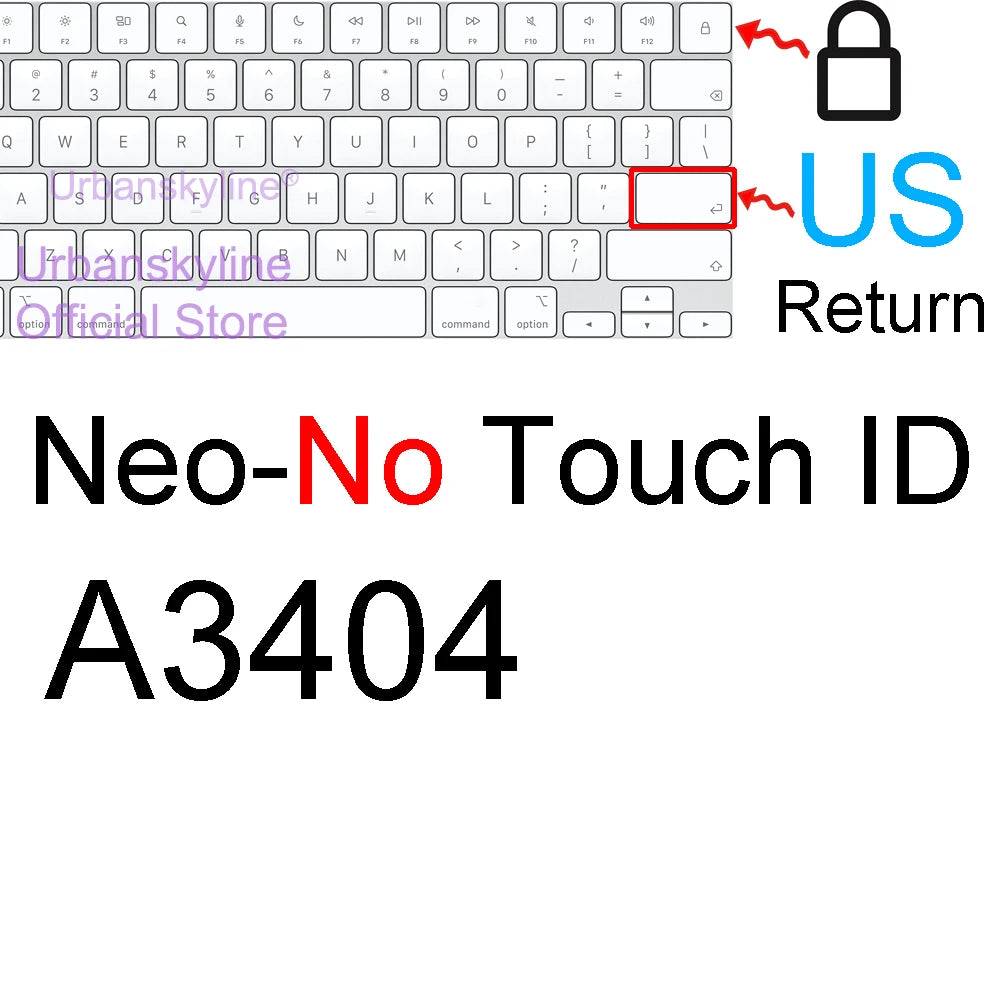 Primer plano de una cubierta de teclado de silicona para MacBook mostrando el botón de devolución de EE. UU. y el modelo A340