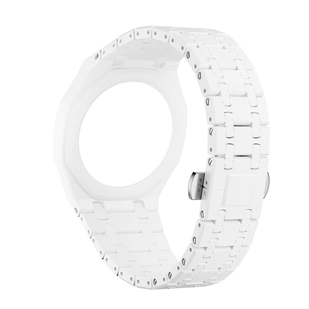 A white ceramic watch case and strap set for a Swatch X AP Royal POP watch.