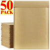 A stack of fifty kraft brown bubble mailers is shown next to a single mailer.