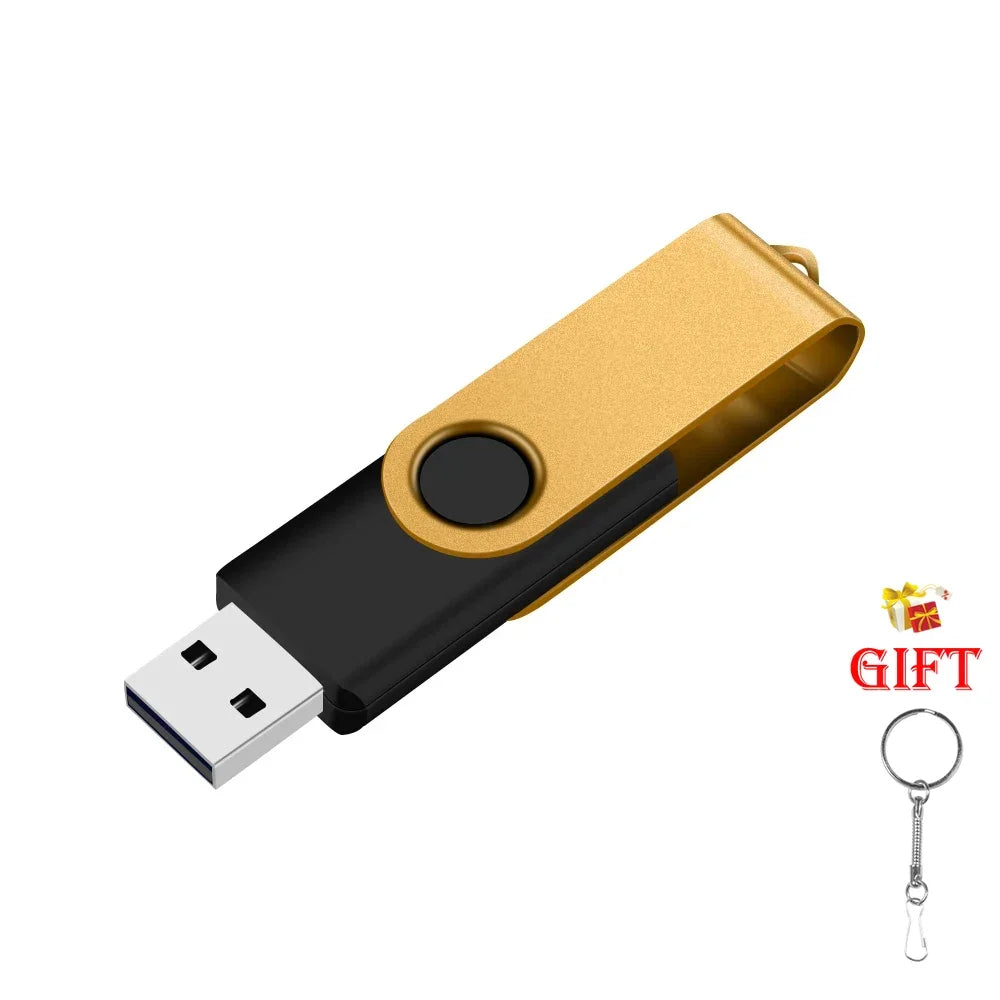 A gold-colored USB flash drive with a black connector and a keyring attached.
