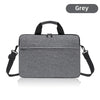 A grey laptop and tablet messenger bag with black straps shown from the front.
