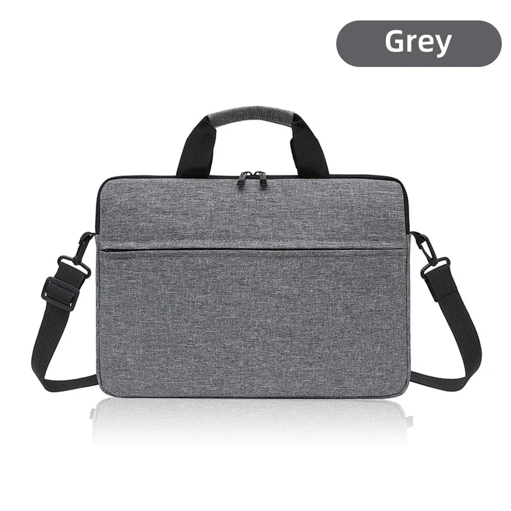 A grey laptop and tablet messenger bag with black straps shown from the front.