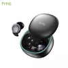 A black HTC wireless earbud case with a visible charging indicator and an attached earbud.