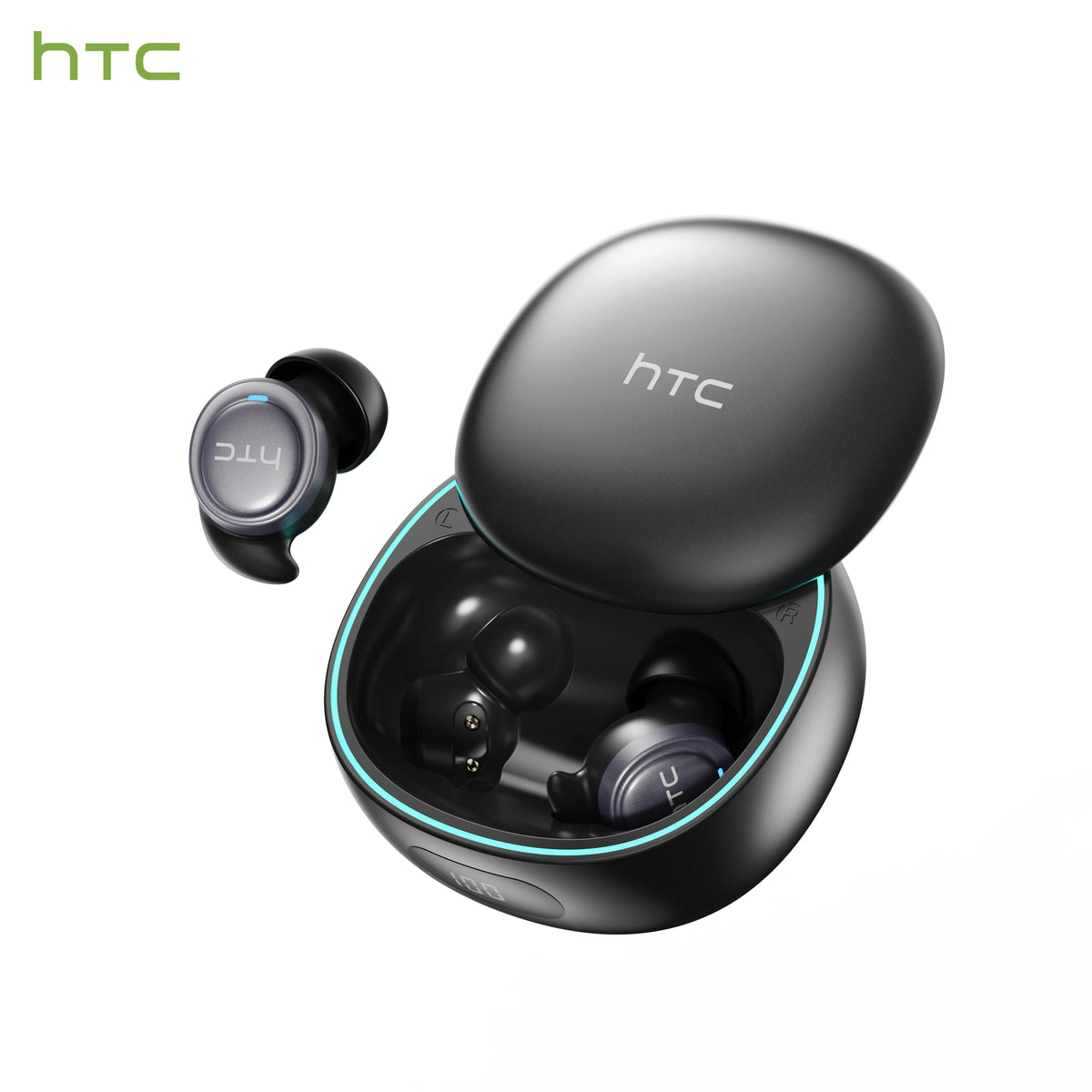 A black HTC wireless earbud case with a visible charging indicator and an attached earbud.