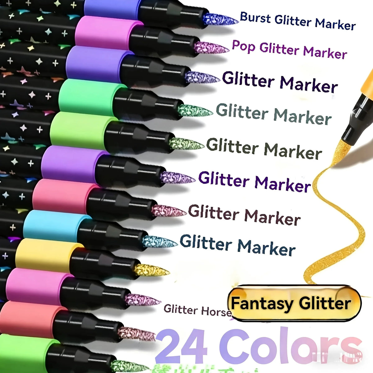 Eine Sammlung von 24 doppelseitigen Glitzermarkern in verschiedenen Farben, bereit zum Basteln.