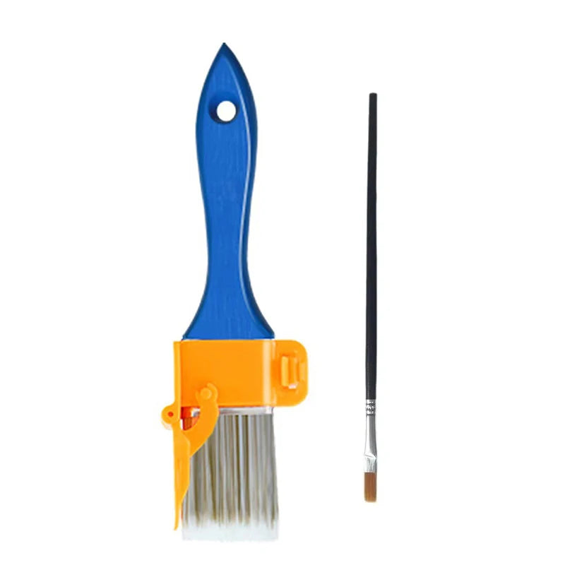 A blue precision corner paint brush with an orange handle and a black ferrule.