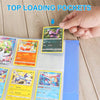 A hand holds a clear plastic card sleeve showing various Pokémon cards in a binder album.