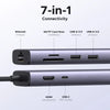 موزع توصيل فضي 7 في 1 يضم منافذ إيثرنت، وفتحات بطاقات SD/TF، ومنفذي USB-A 3.0 و USB-C، و HDMI.
