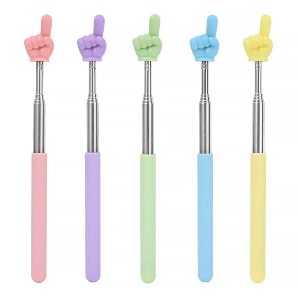 A set of five stainless steel telescopic teaching pointers in pink, purple, green, blue, and yellow.