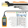 A black CAT8 Ethernet cable connector and a yellow Fluke certification tester are shown.