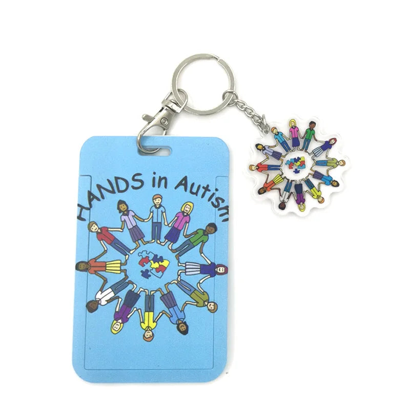 Helles blaues Acryl-Lanyard-Anhänger mit bunter Darstellung von Händen für die Autismus-Sensibilisierung