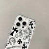Clear acrylic phone case featuring a black and white design with Chrome Hearts motifs, including horseshoes and floral elemen