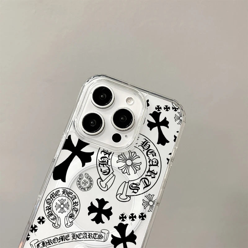 Clear acrylic phone case featuring a black and white design with Chrome Hearts motifs, including horseshoes and floral elemen