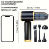 A black car mounted vacuum cleaner with a gold plug and various cleaning attachments shown next to a smartphone for scale.