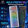 A transparent AULA F98 Pro mechanical keyboard with RGB lighting and hot-swappable switches displayed on a dark background.