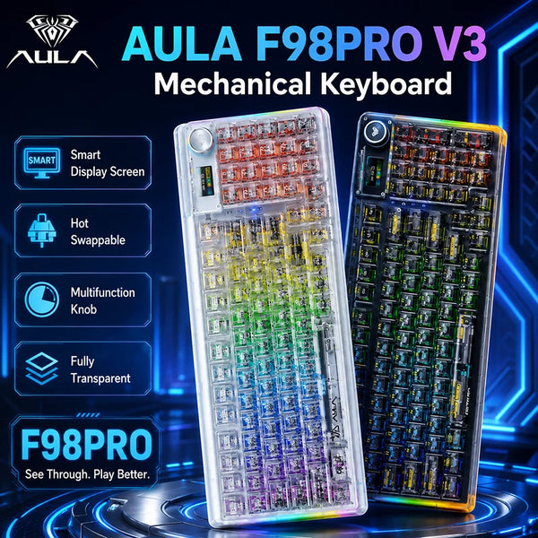 A transparent AULA F98 Pro mechanical keyboard with RGB lighting and hot-swappable switches displayed on a dark background.