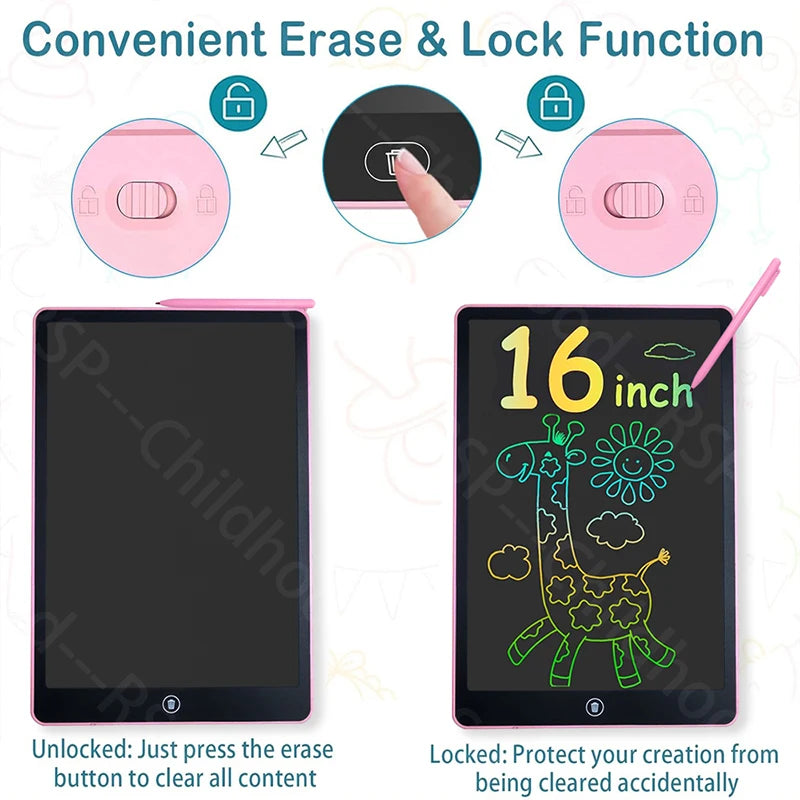 A drawing tablet shows features like erase and lock functions, with a pink and black device displayed.