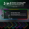 A wireless charging RGB gaming mouse pad featuring colorful breathing, streaming, and neon gradient lights.