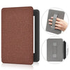 A brown leather case for a Kindle Paperwhite, shown in various views.