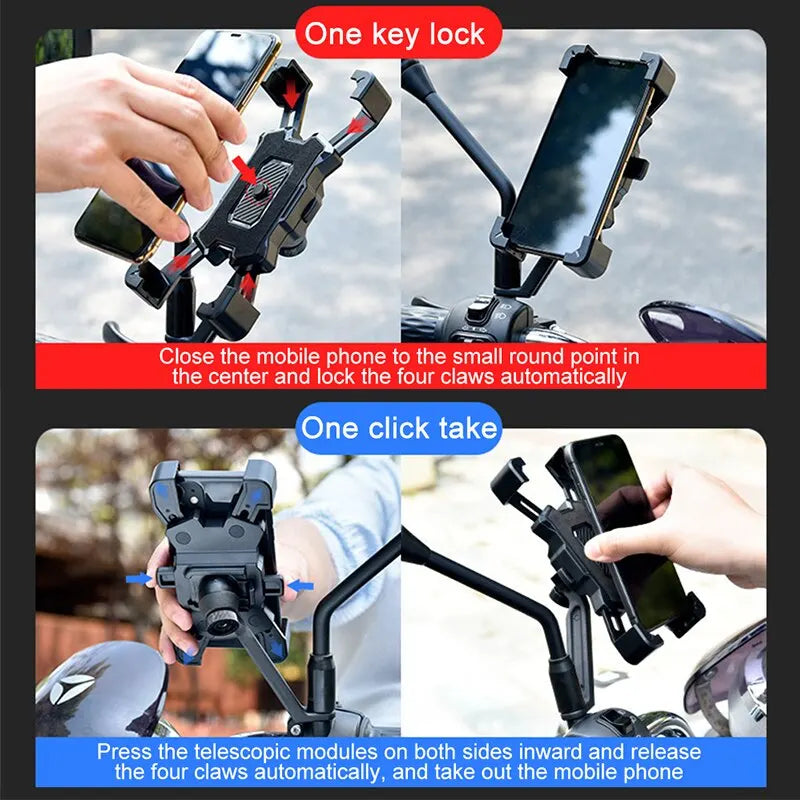 A universal 360° rotating bike phone mount with shockproof grip used to automatically lock and unlock a mobile phone.