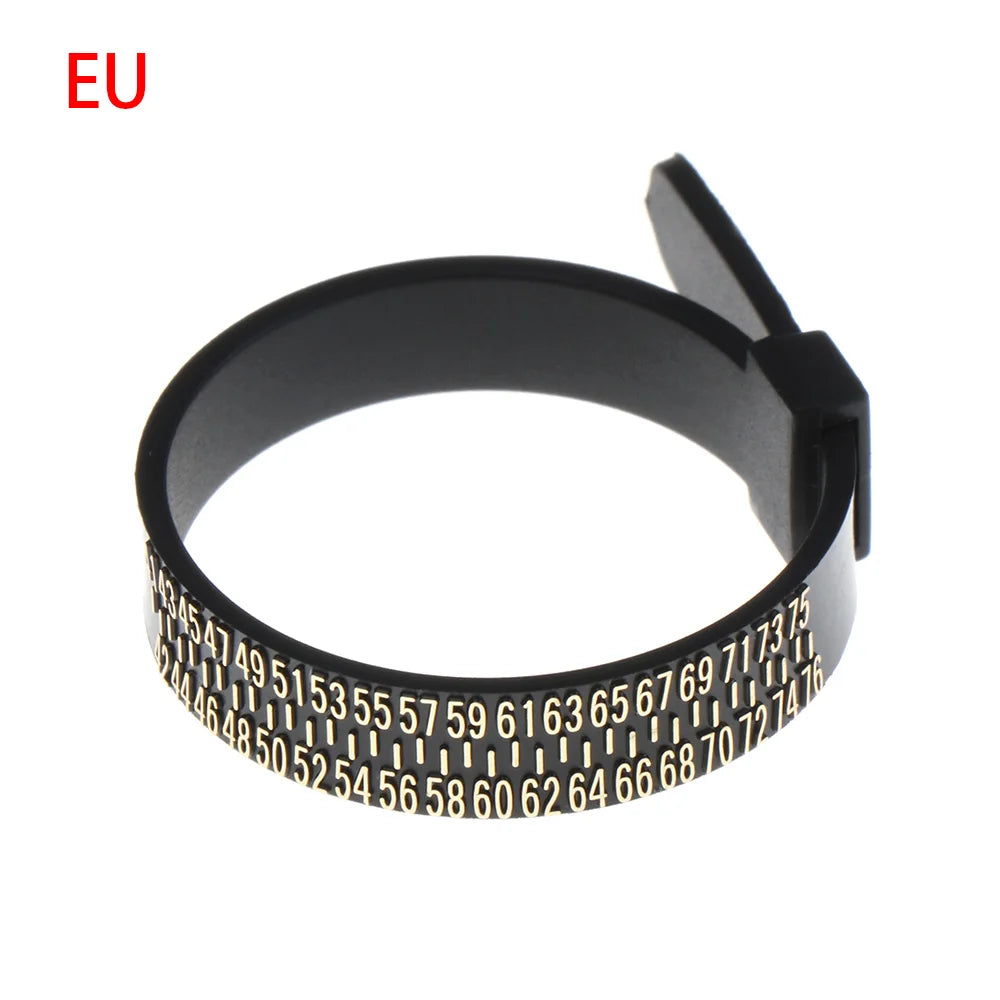 Black precision ring sizer and gauge tool with a flexible ring for measuring rings.