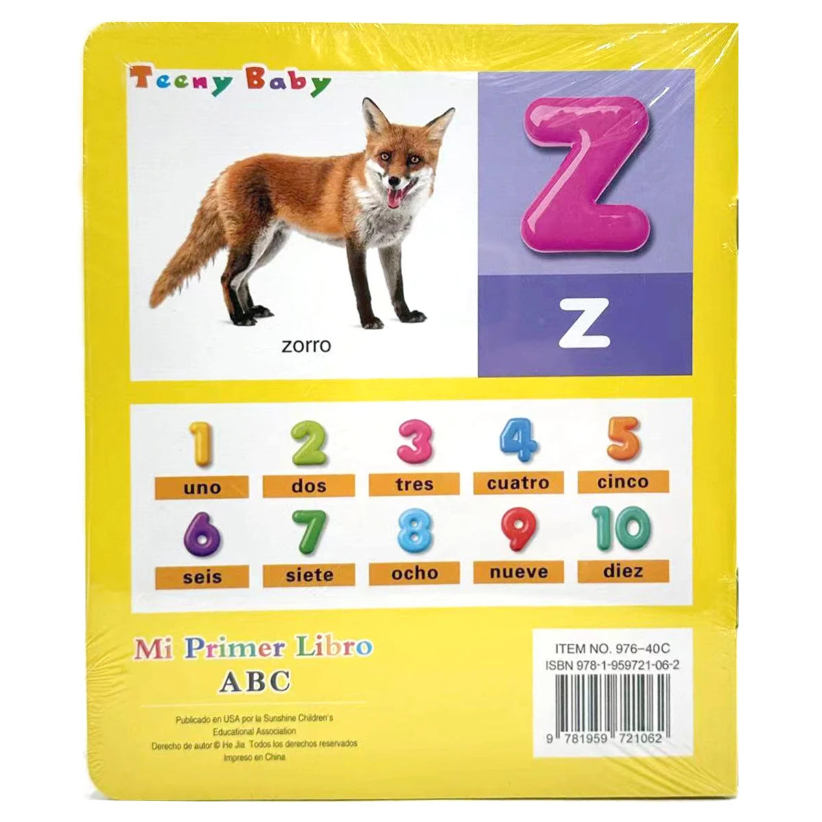 Gelbe Box mit spanischem Lernbuch „Teeny Baby“ mit Buchstaben Z und Zahlen 1 bis 10.