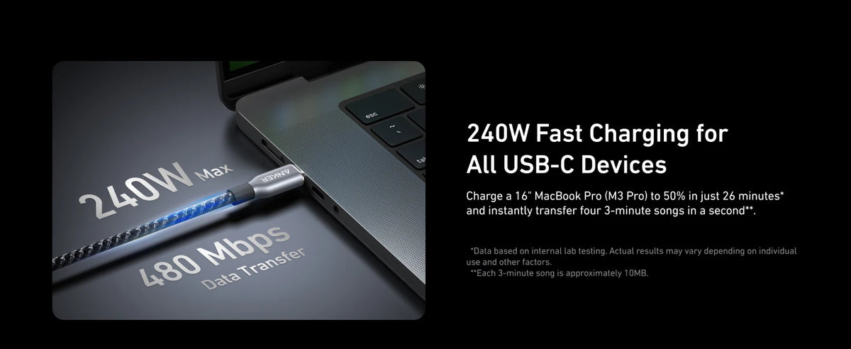 Nahaufnahme eines USB-C-Kabels neben einem Laptop, das 240W schnelles Laden und 480 Mbps Datenübertragung demonstriert.