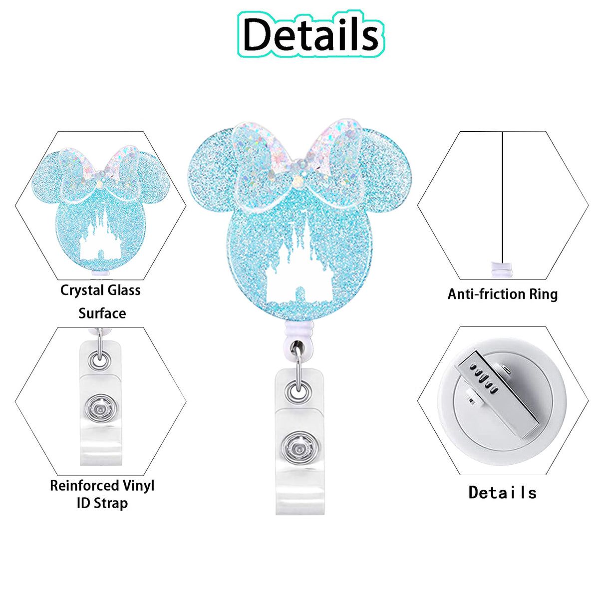 Glänzendes rosa Disney-Style-Badge-Reel mit Schloss-Design auf klarem Glas, befestigt an einem weißen Gurt.