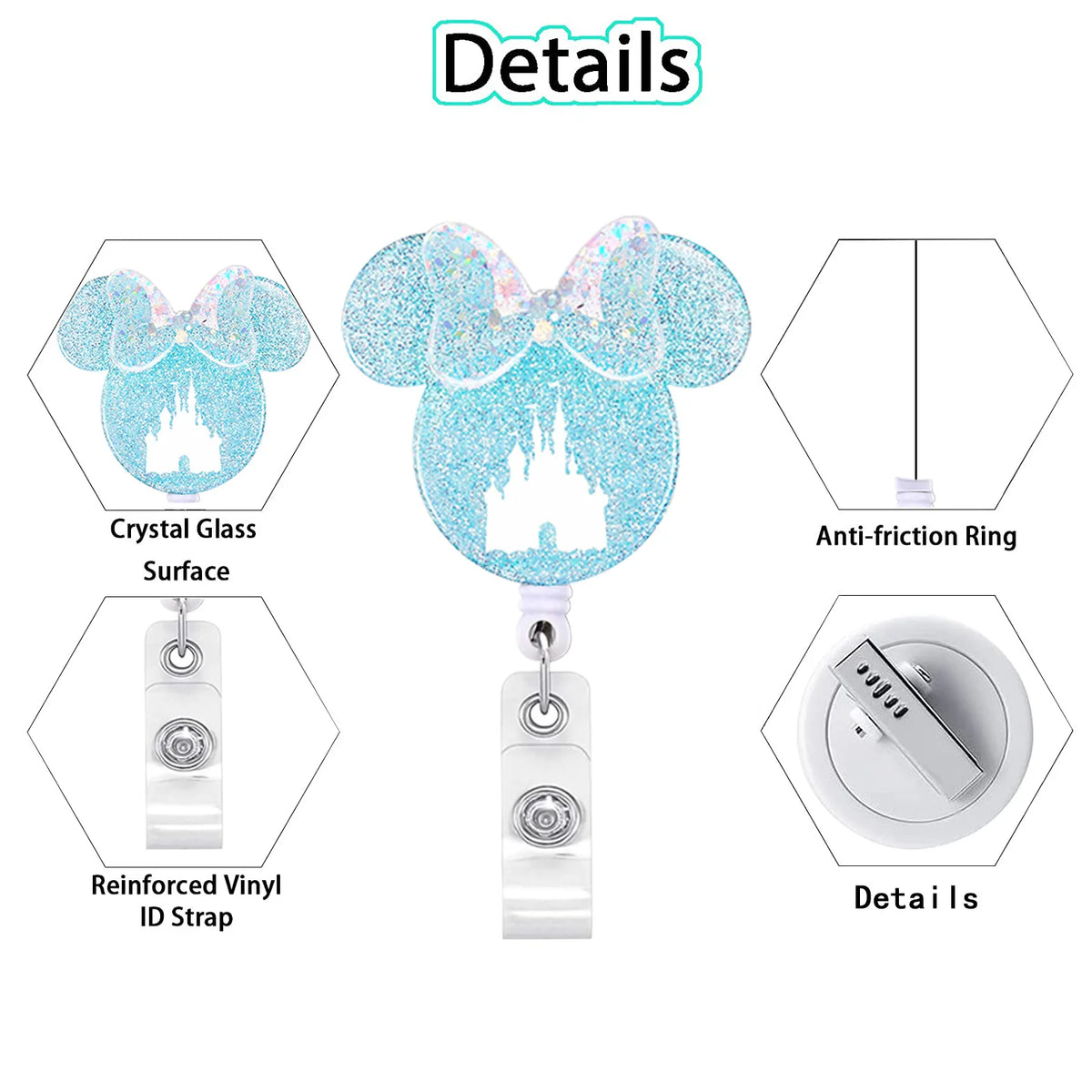 Glitzernder rosa und blauer Disney-Badge-Reel mit Schloss-Design an einem weißen Band.