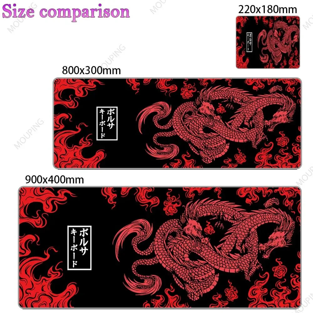 A set of three gaming desk mats featuring a red dragon design on a black background.