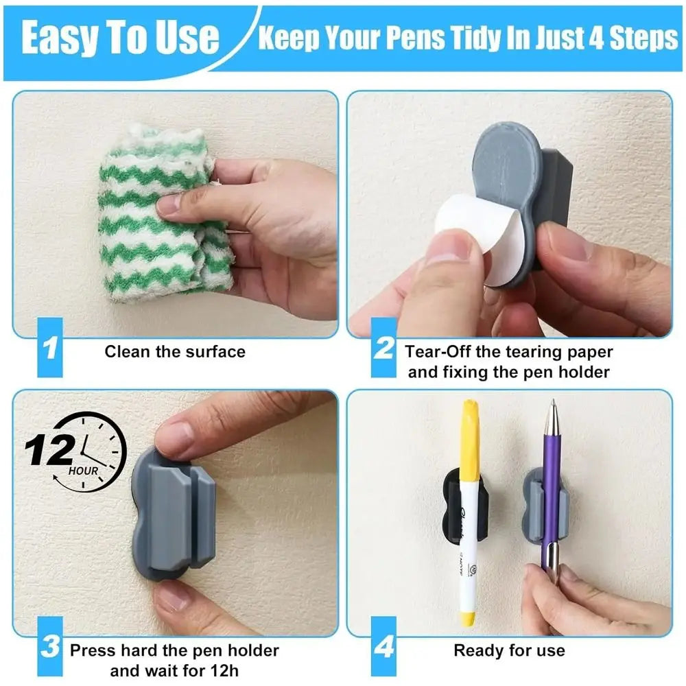 A four-step guide showing how to use a silicone self-adhesive pen holder for keeping pens tidy.