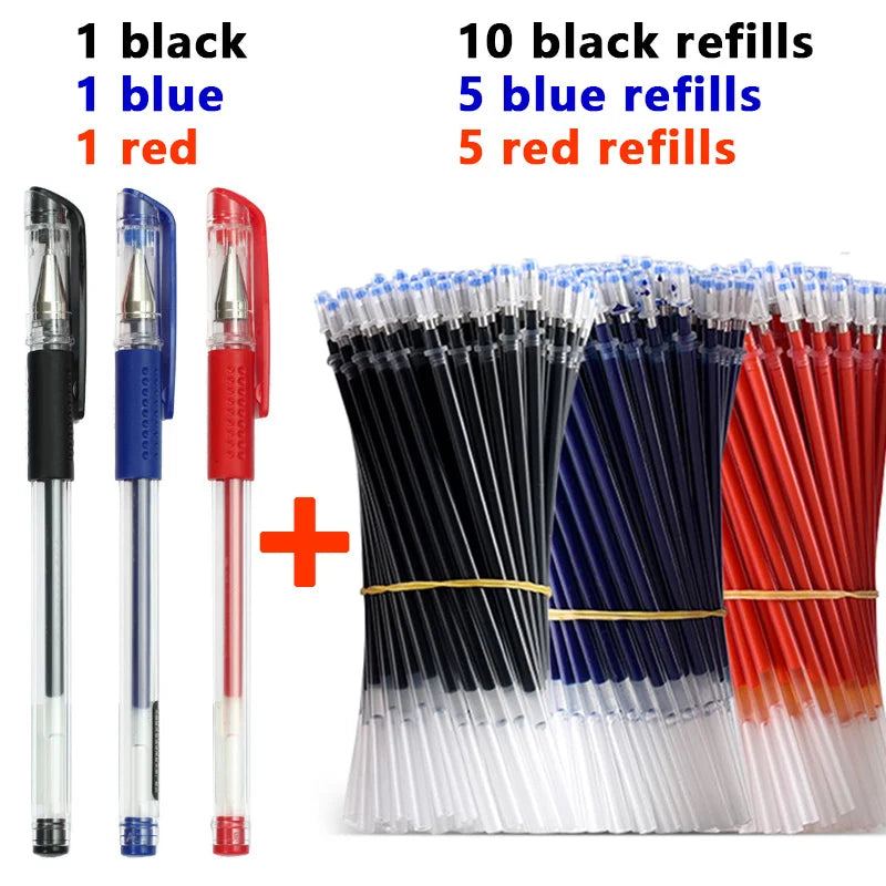 Un set de bolígrafos de gel multicolor mostrando plumas negras, azules y rojas con varios recambios.