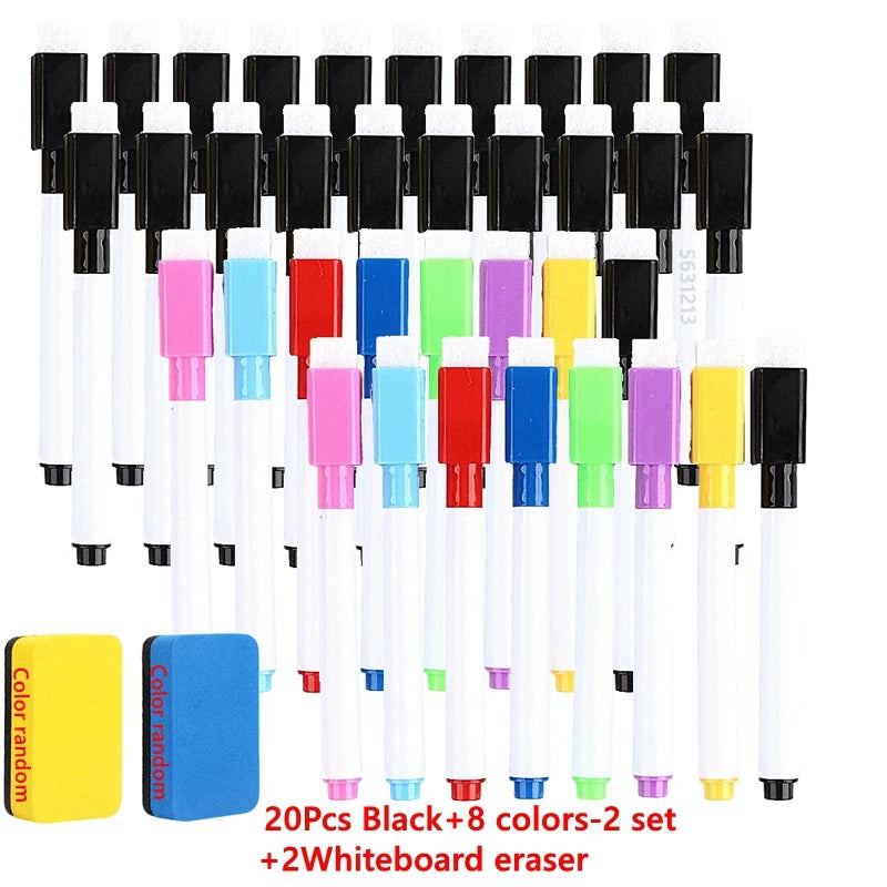A set of 20 black and 8 colored dry erase markers with a whiteboard eraser.