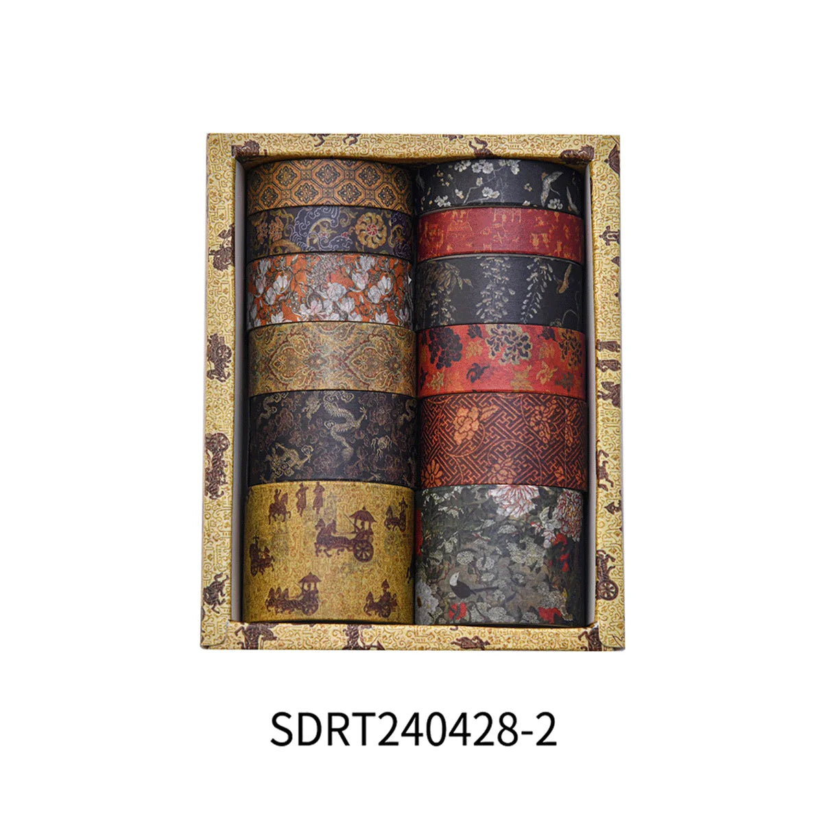 A set of vintage floral washi tape rolls displayed in a wooden box.