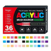 A box of acrylic brush markers featuring 36 colors and a flexible tip for art and crafting.