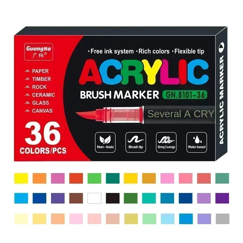 A box of acrylic brush markers featuring 36 colors and a flexible tip for art and crafting.