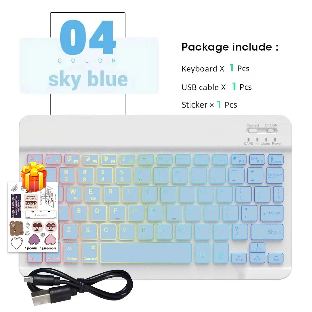 A white portable keyboard set with light blue keys, a USB cable, and a sticker included.