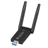 Black high-speed dual-band USB Wi-Fi adapter with external antennas and a USB connector.
