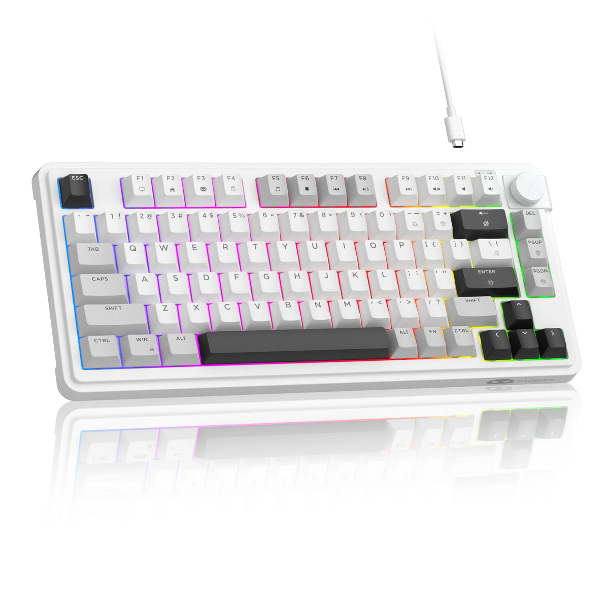 Teclado compacto de membrana blanco con iluminación RGB y perilla giratoria mostrado en una superficie reflectante.