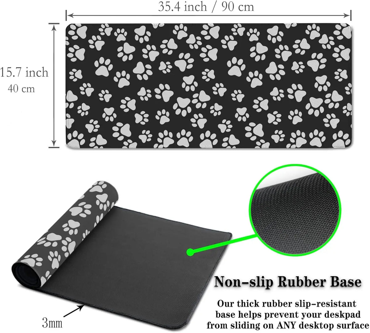 Black pet paw print desk mat with a non-slip rubber base designed to prevent sliding.