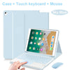 A Sky Blue Bluetooth keyboard case for an iPad, shown with a touch keyboard and mouse.