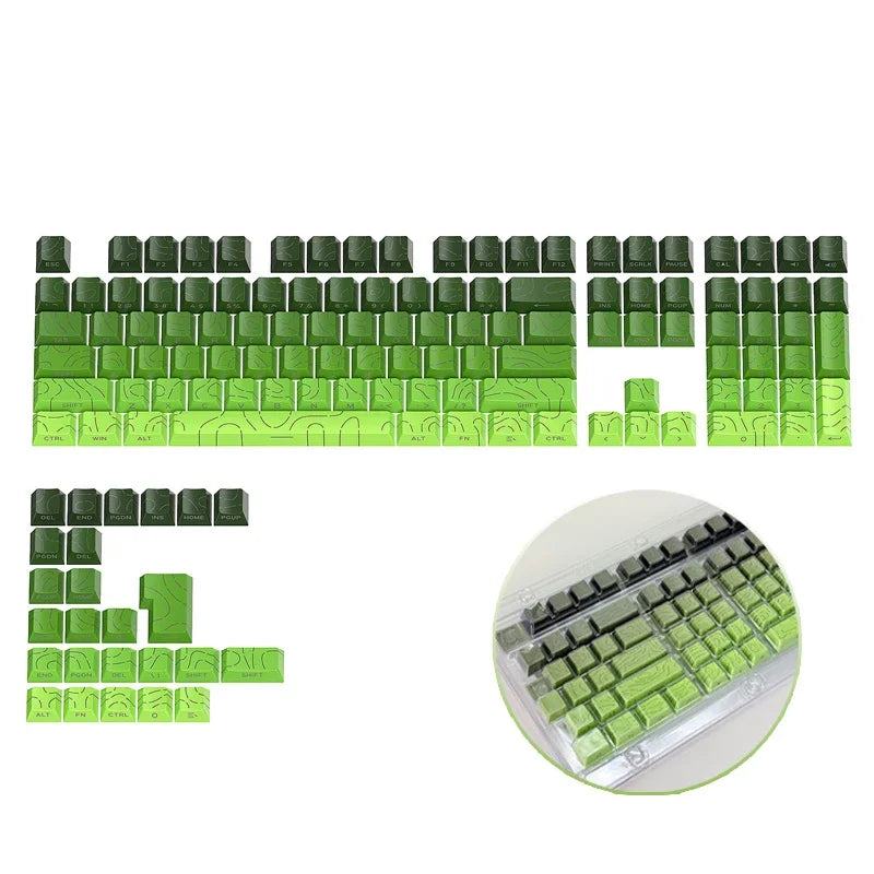 Colección de keycaps con degradado contorno verde para teclado mecánico, mostradas en varios diseños y primeros planos.